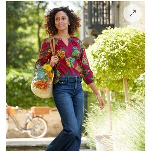 Talbots Red Berry Floral V-Neck Blouse with Sleeve Details